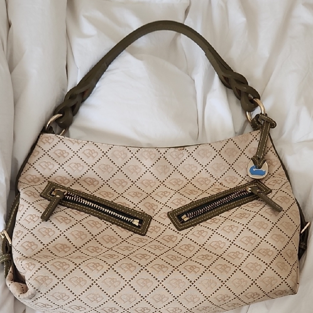 Beige Designer Handbag with Olive Accents